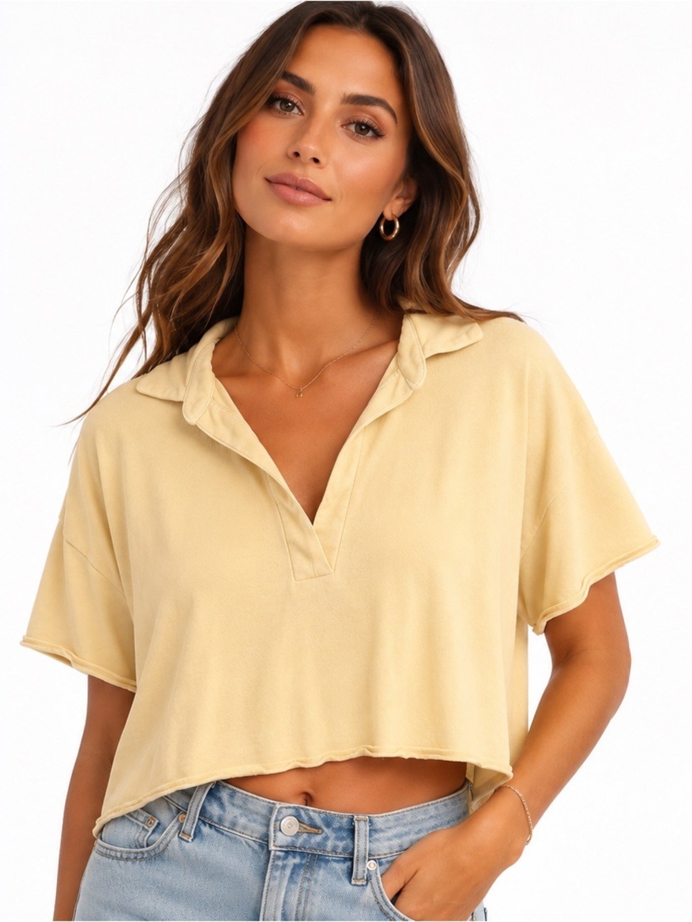 Lanston Collared V-Neck Crop Top - Pale Yellow